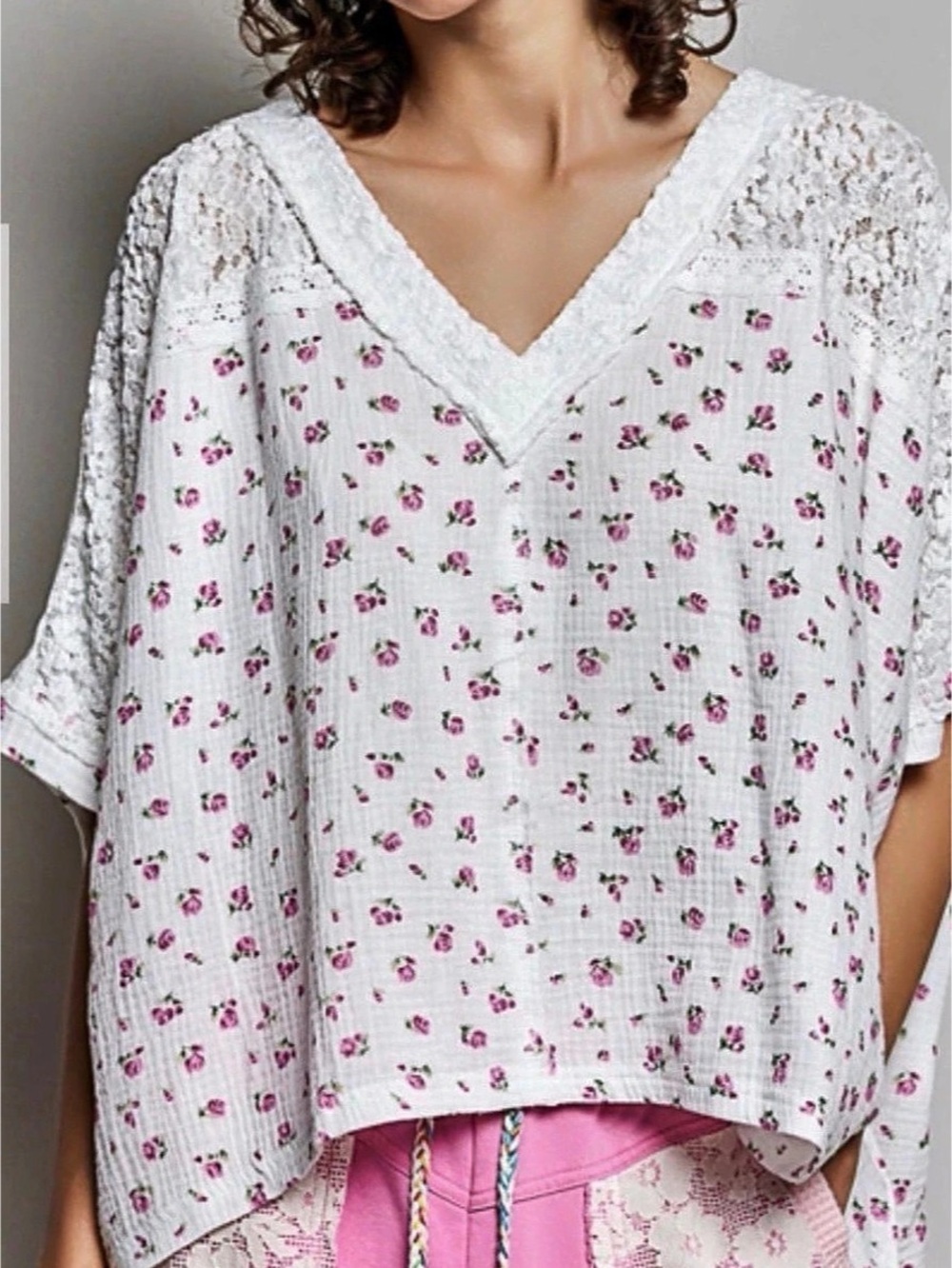 POL Floral Rose Cotton Gauze Lace Oversized V-Neck Boho Top S